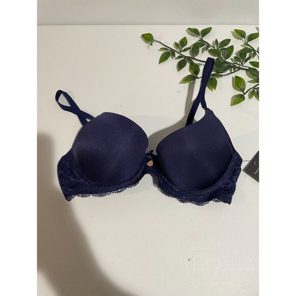 Versace 32B Navy Blue Push-Up Balconet Bra With Lace Accents And Adjustable Stra - Picture 3 of 7